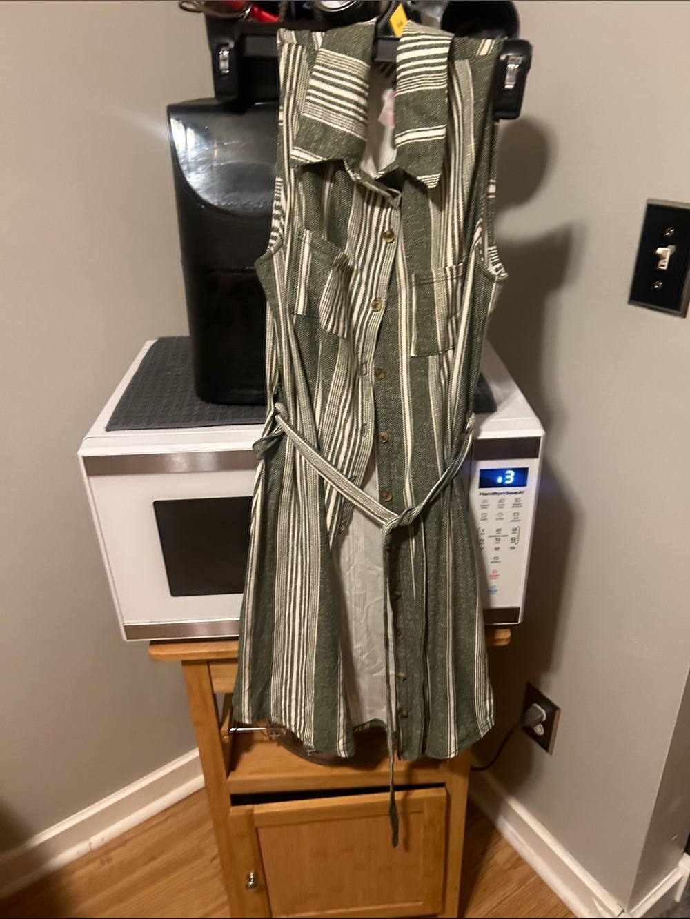 No Boundaries Olive Green and White Striped Sleeveless Shirt Dress